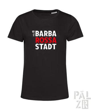 Schwarzes T-Shirt mit dem Text ’barba rossa stadt’ in Weiß und Rot, mit Rundhalsausschnitt.