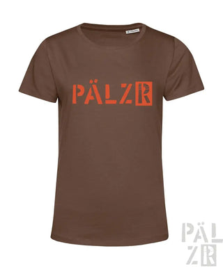 Braunes T-Shirt mit orange ’pälzer’ Logo-Design, aus Baumwolle.
