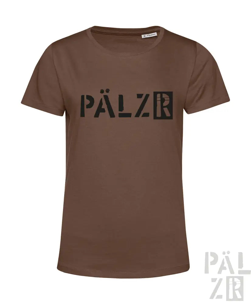 Braunes T-Shirt mit ’pälzr’-Logo in Camouflage-Muster auf Vorder- und Rückseite.