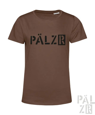 Braunes T-Shirt mit ’pälzr’-Logo in Camouflage-Muster auf Vorder- und Rückseite.