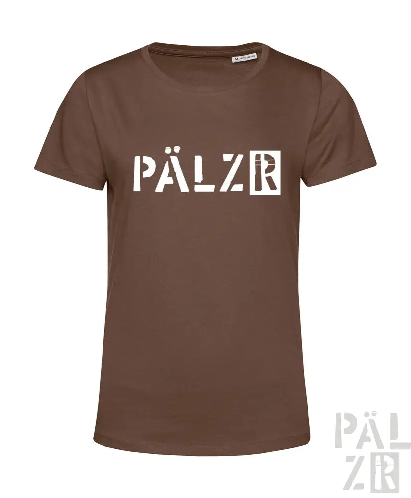 Braunes T-Shirt mit weißem „pälzr“-Logo-Design, aus Baumwolle gefertigt.