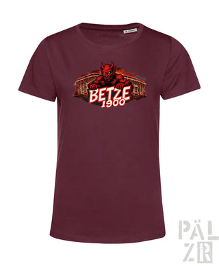 Bordeauxfarbenes Damen-T-Shirt mit rotem Teufel-Maskottchen und dem Text „betze 1900“ auf der Brust.