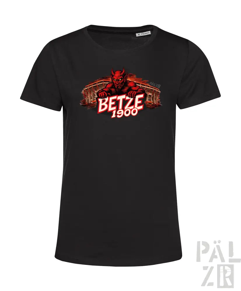 Schwarzes kurzärmliges T-Shirt mit rotem Teufel-Grafik und „betze 1900“-Text sowie Stadion-Design.