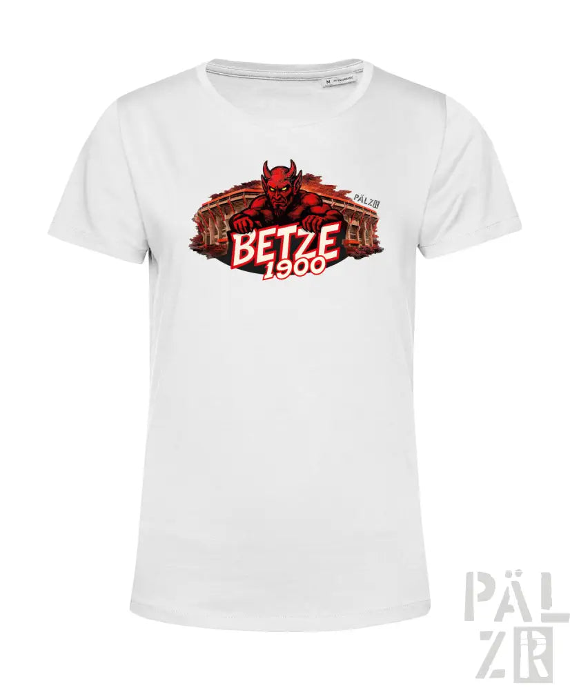 Weißes Baumwoll-T-Shirt mit rotem Teufel-Grafik, Text ’betze 1900’ und antikem Stadion-Hintergrund.