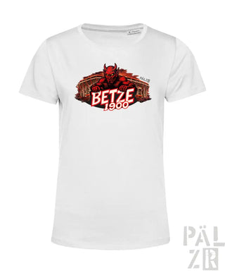 Weißes Baumwoll-T-Shirt mit rotem Teufel-Grafik, Text ’betze 1900’ und antikem Stadion-Hintergrund.