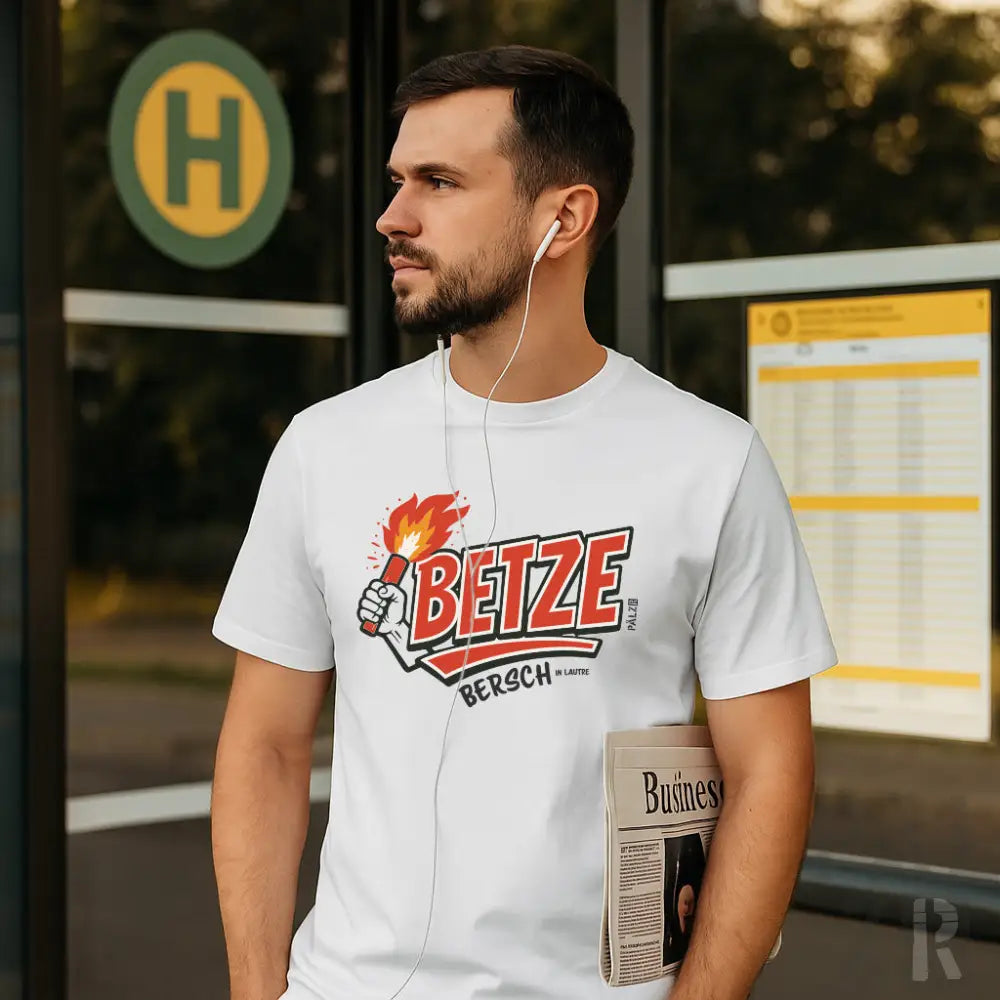 Weißes ’betze bersch’ T-Shirt mit Flammen-Grafik und Kopfhörern.