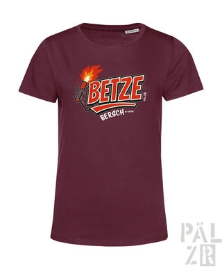 Bordeaux-Farbenes T-Shirt mit ’betze’-Grafik und Flammendesign, Material Baumwolle.