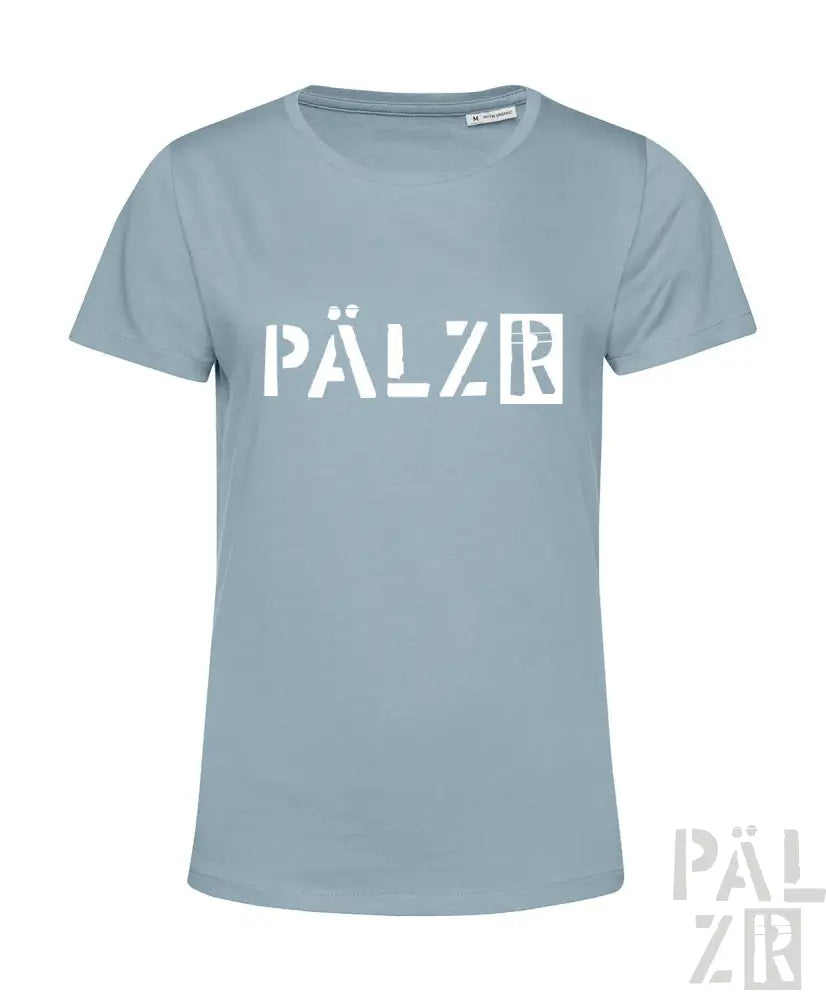 Hellblaues T-Shirt mit ’pälzr’ Textdesign, mit minimalistischer Grafik.