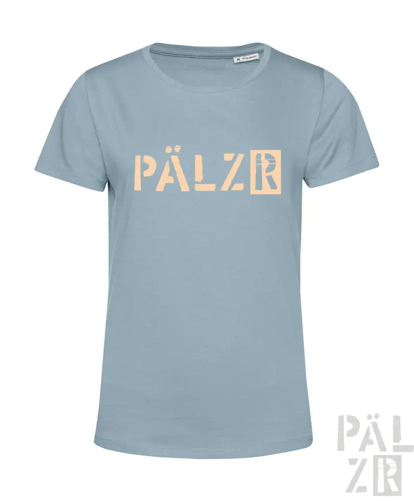 Hellblaues T-Shirt mit ’pälzr’-Logo in Beige und Schwarz, aus Baumwolle.