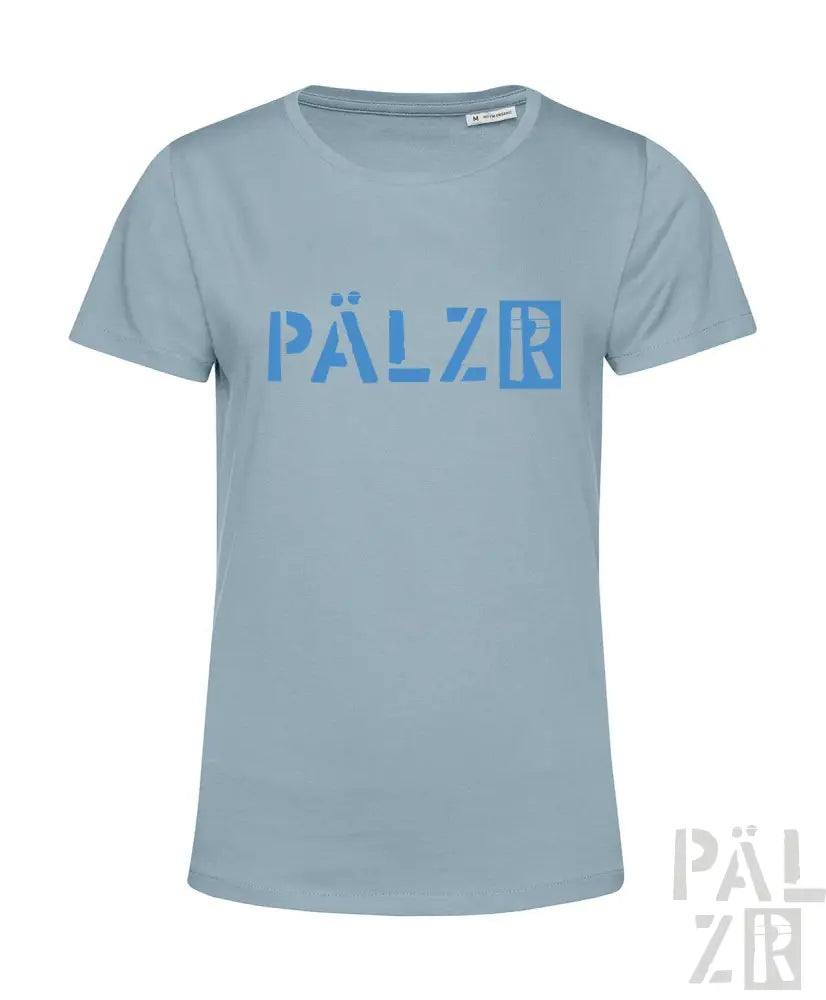 Hellblaues T-Shirt mit ’pälzr’-Logo in hellem blauen Design, aus Baumwolle gefertigt.