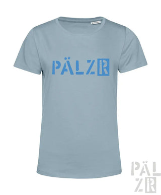 Hellblaues T-Shirt mit ’pälzr’-Logo in hellem blauen Design, aus Baumwolle gefertigt.