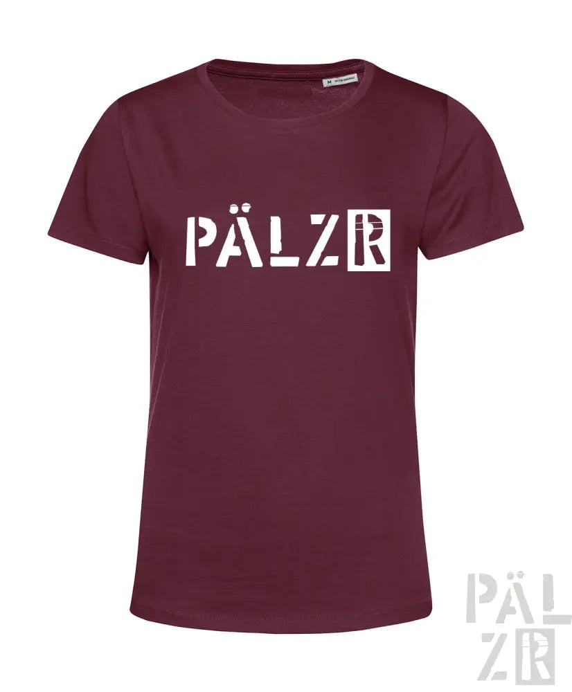 Bordeaux-Farbenes T-Shirt mit weißem ’pälzr’-Logo-Design, Baumwollmaterial.