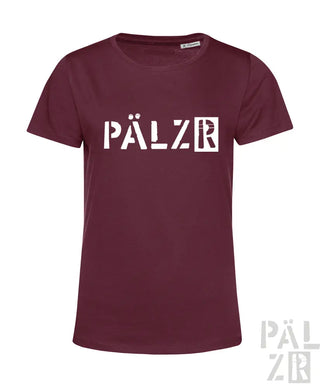 Bordeaux-Farbenes T-Shirt mit weißem ’pälzr’-Logo-Design, Baumwollmaterial.