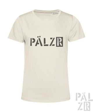 Cremeweiße Pälzer T-Shirt mit schwarzem Logo und geripptem Halsausschnitt.