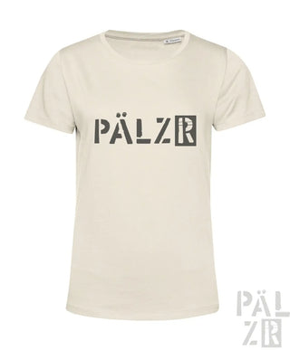 Cremeweiße Pälzer T-Shirt mit schwarzem Logo und geripptem Halsausschnitt.