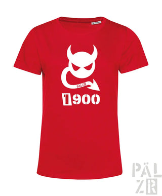 Rotes T-Shirt mit weißem Teufel-Design und Text „1900“