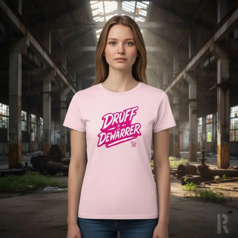 Rosa T-Shirt mit ’druff dewarrier’-Design und chinesischem Schriftzeichen, Baumwollmaterial.