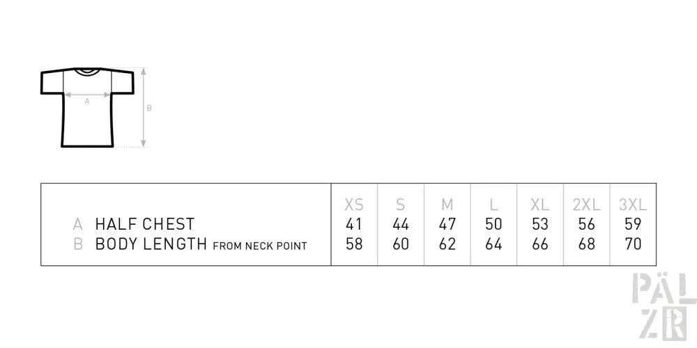 Weißes T-Shirt mit schwarzer Umrisslinie und Maßtabelle