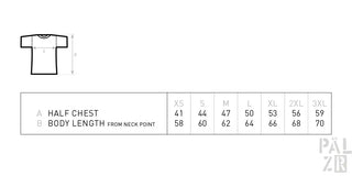 Weißes T-Shirt mit schwarzer Umrisslinie und Maßtabelle