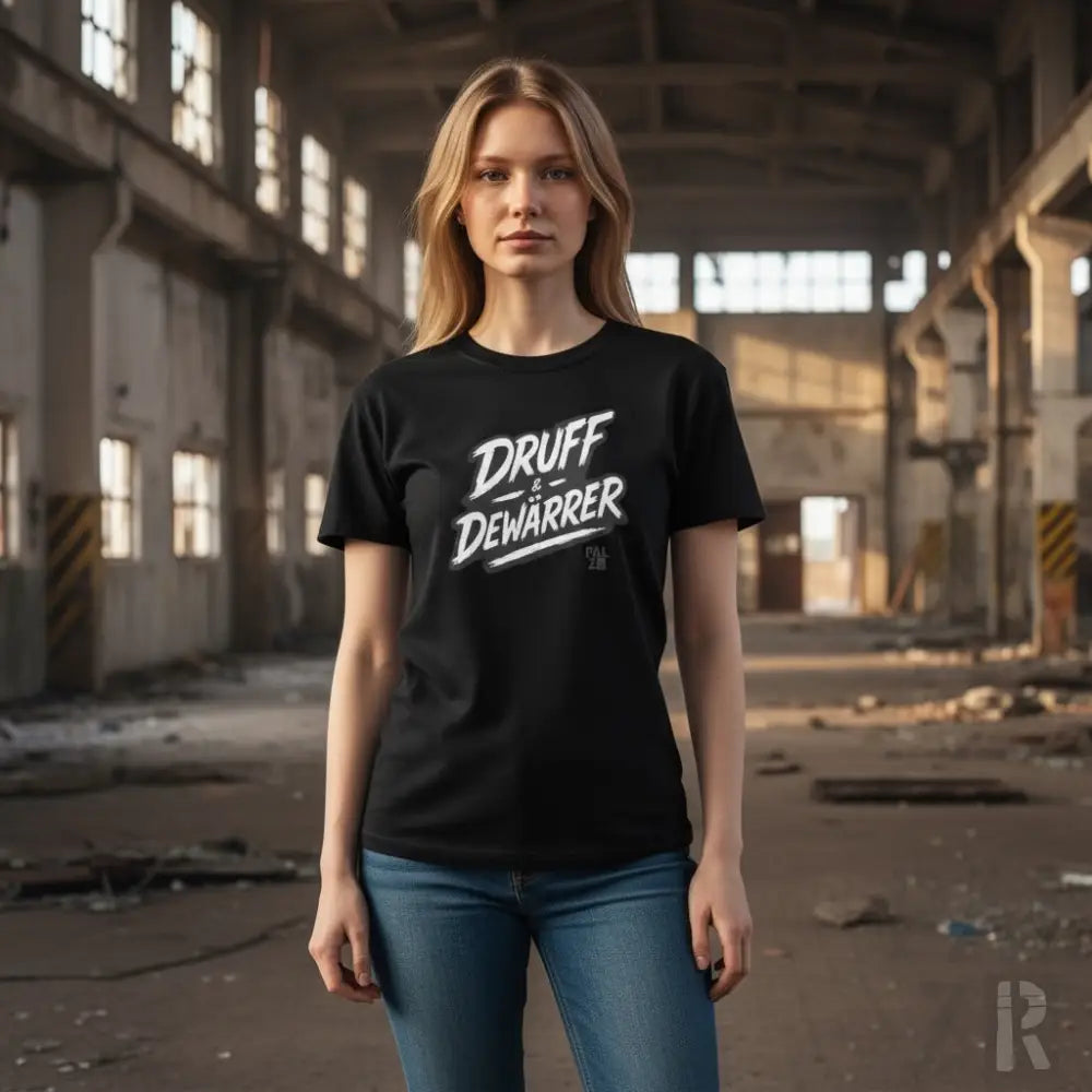 Schwarzes T-Shirt mit ’druff dewarrer’ Grafikdesign, lässige Kleidung.