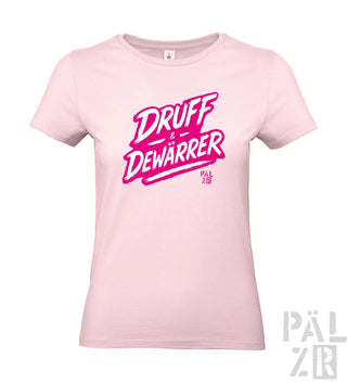 Rosa T-Shirt mit ’druff & dewarrer’-Design in fetter, stilisierten Schriftart.