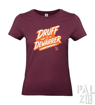 Bordeaux-Farbenes T-Shirt mit ’druff & dewarrer’-Design in Orange und Weiß, mit einem lässigen grafischen Druck.