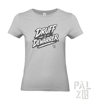 Graues T-Shirt mit ’druff & dewarrer’ Grafikdesign, das fetten schwarzen Text und weißer Umrandung aufweist.