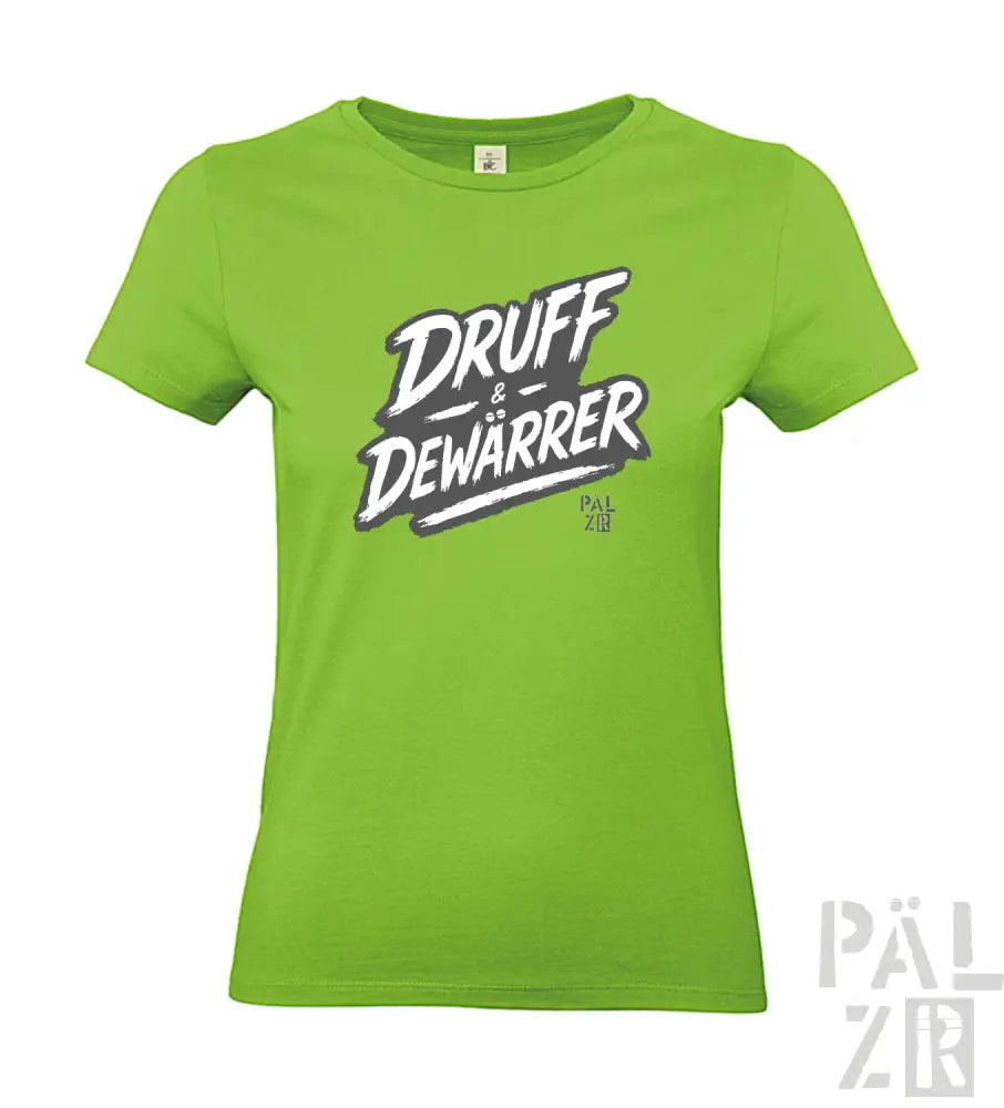 Limetgrünes T-Shirt mit ’druff & dewarrer’ Grafikdesign, kurzärmelig, Baumwollmaterial.