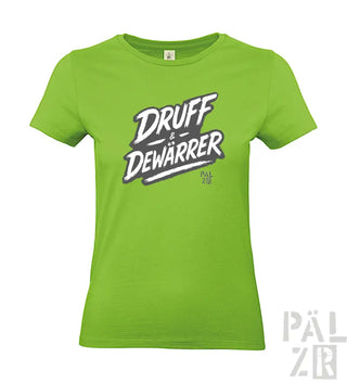 Limetgrünes T-Shirt mit ’druff & dewarrer’ Grafikdesign, kurzärmelig, Baumwollmaterial.