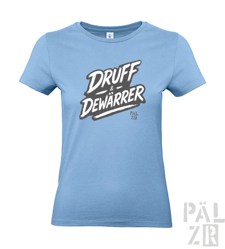 Blaues T-Shirt mit ’druff & dewarrer’ Grafikdesign, kurzen Ärmeln und Rundhals.