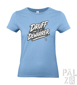 Blaues T-Shirt mit ’druff & dewarrer’ Grafikdesign, kurzen Ärmeln und Rundhals.