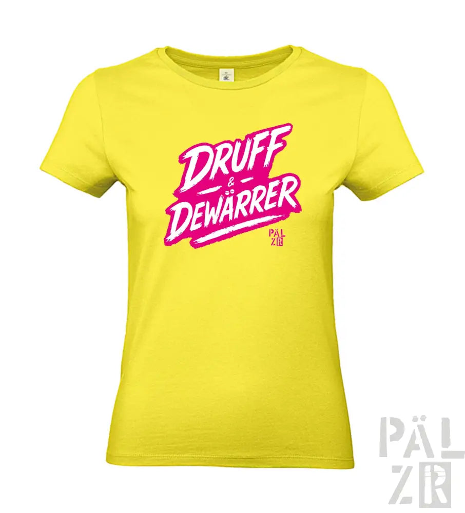 Gelbes T-Shirt mit ’druff & dewarrer’ Text in pink und weißem Design, aus Baumwolle gefertigt.