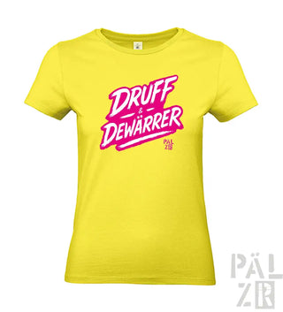 Gelbes T-Shirt mit ’druff & dewarrer’ Text in pink und weißem Design, aus Baumwolle gefertigt.