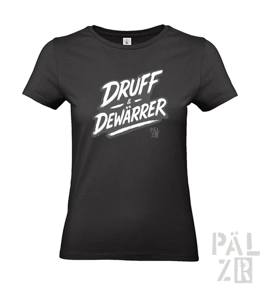 Schwarzes T-Shirt mit weißem ’druff & dewarrer’ Grafikdesign, kurzen Ärmeln und Rundhals.