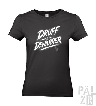 Schwarzes T-Shirt mit weißem ’druff & dewarrer’ Grafikdesign, kurzen Ärmeln und Rundhals.