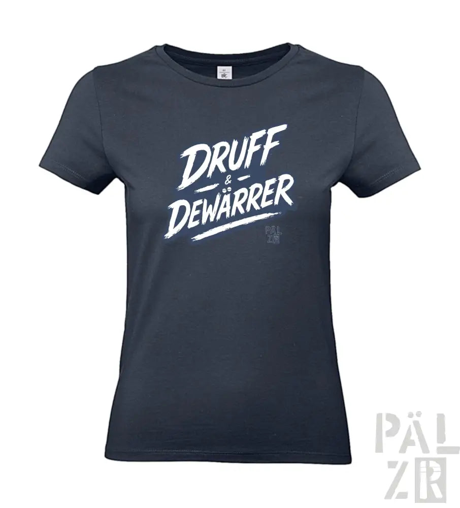 Dunkelblaues T-Shirt mit ’druff & dewarrer’ Grafikdesign, kurzen Ärmeln und Rundhals.