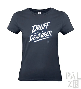 Dunkelblaues T-Shirt mit ’druff & dewarrer’ Grafikdesign, kurzen Ärmeln und Rundhals.