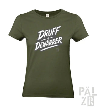 Olivgrünes T-Shirt mit ’druff & dewarrer’ Grafikdesign, weißer Text auf der Vorderseite.
