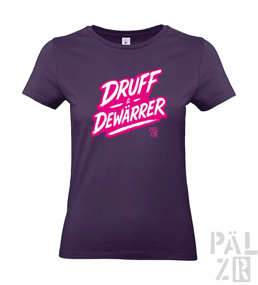 Lila T-Shirt mit pinkem ’druff & dewarrer’ Grafikdesign