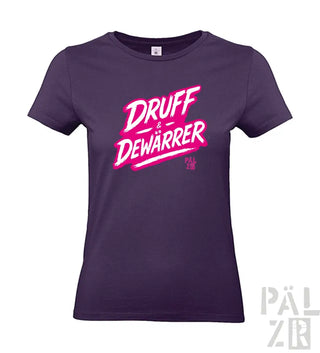 Lila T-Shirt mit pinkem ’druff & dewarrer’ Grafikdesign