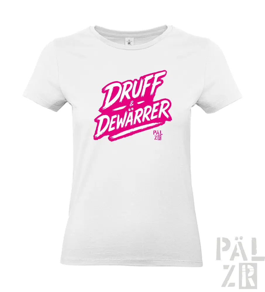 Weißes T-Shirt mit pinkem ’druff & dewarrer’ Grafikdesign, Baumwollmaterial.