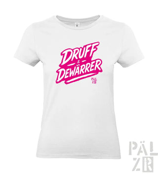 Weißes T-Shirt mit pinkem ’druff & dewarrer’ Grafikdesign, Baumwollmaterial.