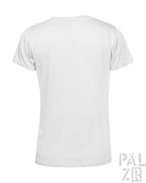 Weißes Baumwoll-T-Shirt mit V-Ausschnitt und kurzen Ärmeln.