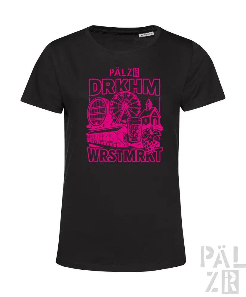 Schwarzes T-Shirt mit pinkem Grafikdesign, das ein Riesenrad und einen Zug zeigt, aus Baumwollmaterial.