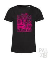 Schwarzes T-Shirt mit pinkem Grafikdesign, das ein Riesenrad und einen Zug zeigt, aus Baumwollmaterial.