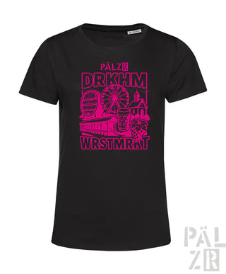 Schwarzes T-Shirt mit pinkem Grafikdesign, das ein Riesenrad und einen Zug zeigt, aus Baumwollmaterial.