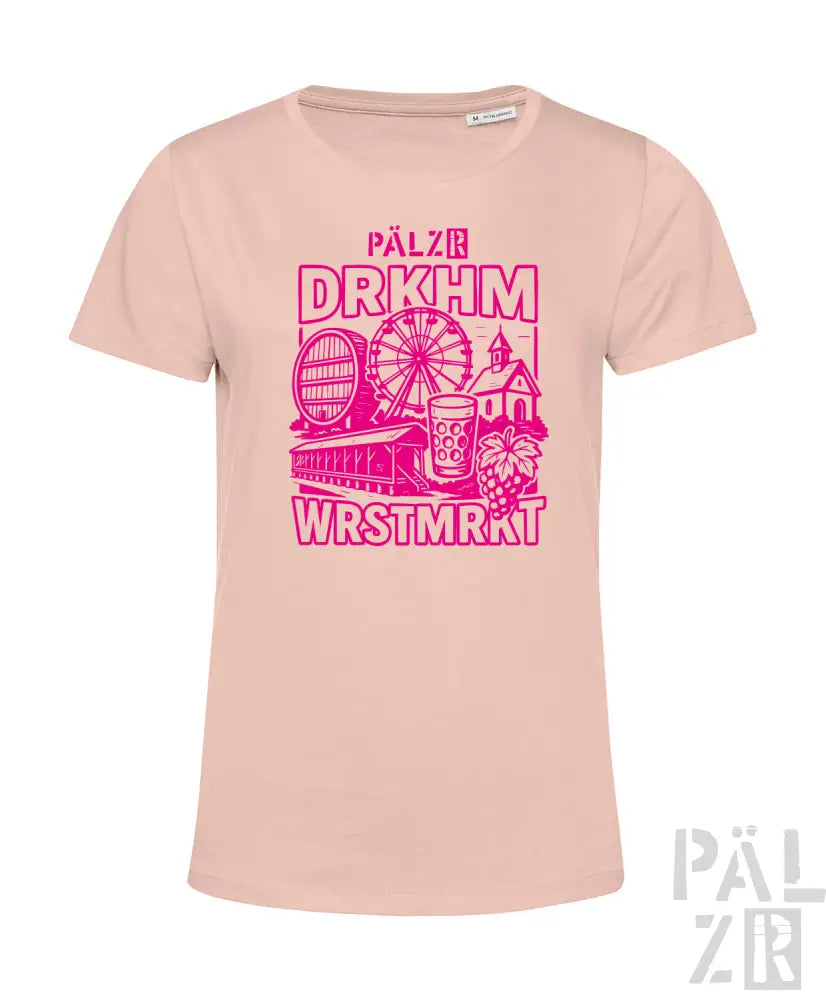 Pinkes T-Shirt mit Grafikdesign, das ein Riesenrad, Windmühle und Bierglas zeigt.