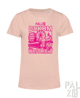 Pinkes T-Shirt mit Grafikdesign, das ein Riesenrad, Windmühle und Bierglas zeigt.