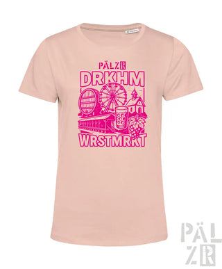 Pinkes T-Shirt mit Grafikdesign, das ein Riesenrad, Windmühle und Bierglas zeigt.