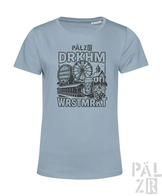 Blaues T-Shirt mit Grafikdesign, das ein Riesenrad, ein Bierglas und Hopfen zeigt.